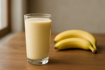 Glass of fresh banana smoothie with ripe bananas on wooden table, horizontal photo
