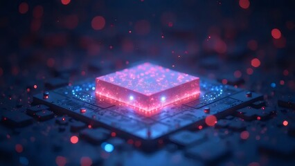 赤いライトが光るマイクロチップと青い電子回路