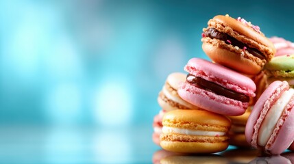 A delightful stack of vibrant macarons showcases various colors and flavors, presenting an inviting dessert that appeals to both the eye and taste buds in an elegant manner.