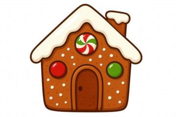 Gingerbread christmas holiday house with white icing roof and colorful candy decorations, transparent background
