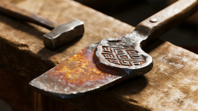 Close-up of a rusted metal stamp with intricate design resting on an anvil, alongside a hammer in a workshop setting.