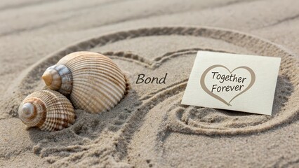 Love Symbolized in Sand with Shells and Heart-Shaped Message Card