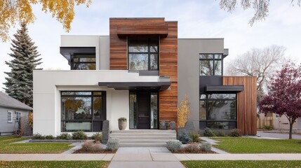 Obraz premium facade. Modern residential architecture with clean lines, bathed in neutral tones under daylight. real-estate listings.