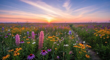 Sunrise paints a prairie tapestry, showcasing an array of wildflowers in full bloom with gentle sky colors blending © Mulyono