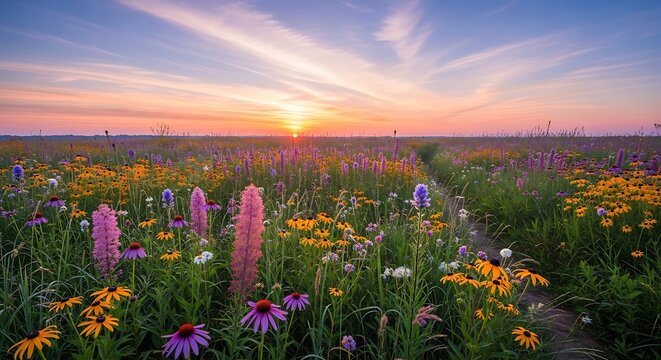 Sunrise paints a prairie tapestry, showcasing an array of wildflowers in full bloom with gentle sky colors blending
