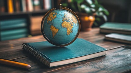 Globe on a desk with notebooks and a pencil. Concept of geography, travel, and education.