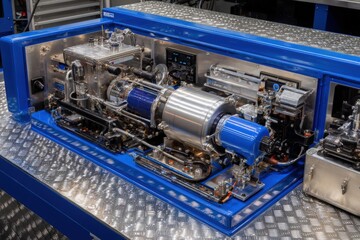 Hydrogen fuel cell design in engineering lab, cobalt blue and brushed metal, precision innovation view 