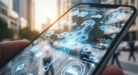 Futuristic smartphone displays glowing digital interface with blockchain and data flow visuals