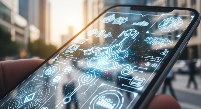 Futuristic smartphone displays glowing digital interface with blockchain and data flow visuals