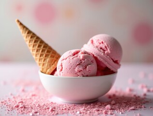 Delicious Strawberry Ice Cream Scoops in a White Bowl with a Waffle Cone