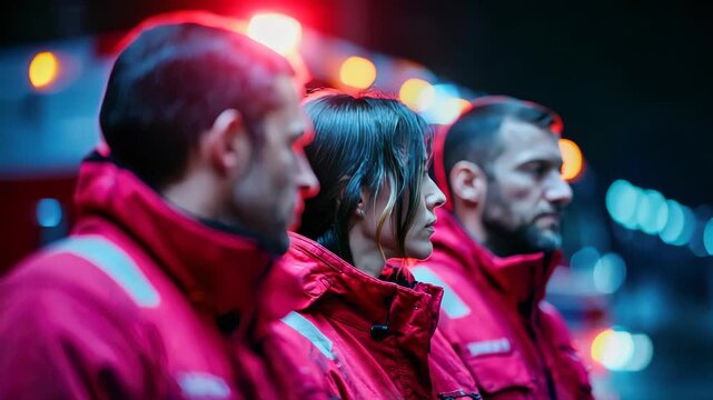 Confident female firefighter in red uniform standing with team near fire truck, symbolizing courage and teamwork