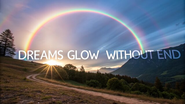 Majestic Rainbow Over Mountain Landscape at Sunset with Pathway