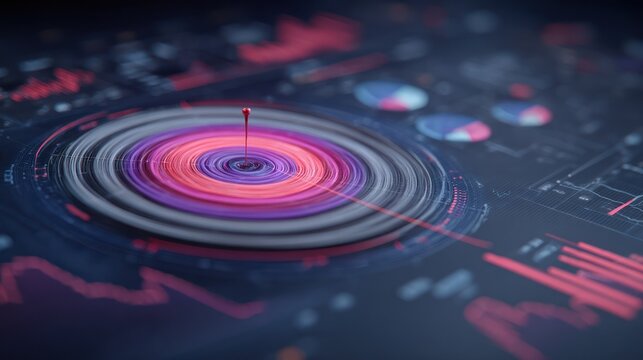 Circular data visualization with a red focus point.  Abstract  interactive dashboard with multicolored concentric circles, overlaid with various charts and graphs