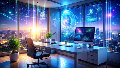 Whimsical cyber workspace featuring sparkling holographic icons morphing into enchanted UI elements, iridescent data trails flowing, sharp