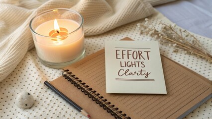 Inspirational Quote on Notepad with Candle and Cozy Blanket Setting