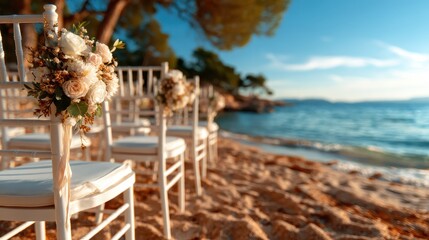 A picturesque beach wedding setup with elegantly decorated chairs and beautiful flowers, set against the stunning backdrop of a serene sunset by the shore.