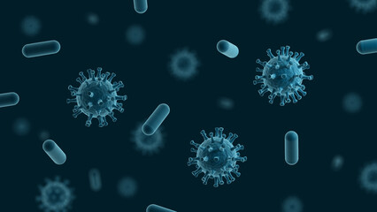 Virus and pills. Blue color. 3d illustration.