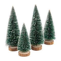 Set of four miniature bottle brush Christmas trees on wooden bases.