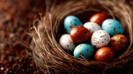 Obraz premium A beautiful array of speckled eggs resting in a cozy nest, representing renewal and celebration of life, perfect for Easter-themed and spring imagery.