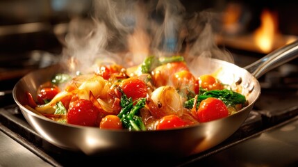 A vibrant stir-fry featuring fresh vegetables, including tomatoes and greens, sizzling in a pan, embodying the essence of gourmet cooking and healthy eating.
