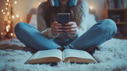 Open book on floor with blurred teenager in background holding smartphone, symbol of distraction from reading
