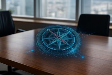 A mesmerizing digital compass rose, glowing with intricate blue patterns, rests on a polished wooden table in a modern office setting, suggesting navigation, technology, and futuristic guidance
