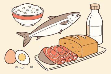 A delicious set of food and drinks with icons of various breakfast, lunch, and dinner meals