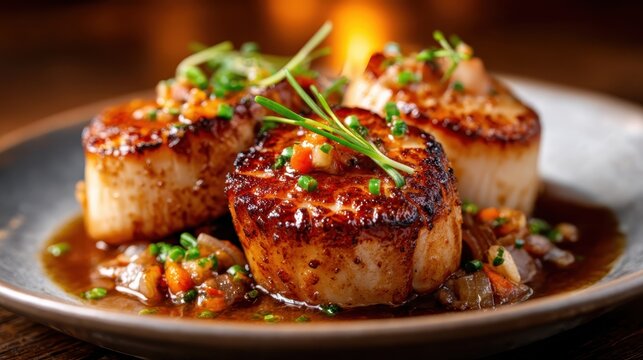 A stunning dish featuring perfectly seared scallops topped with a vibrant vegetable salsa and fresh herbs, ideal for fine dining menus and culinary excellence.
