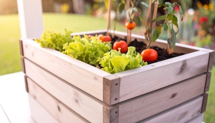 Wooden planter box with fresh produce