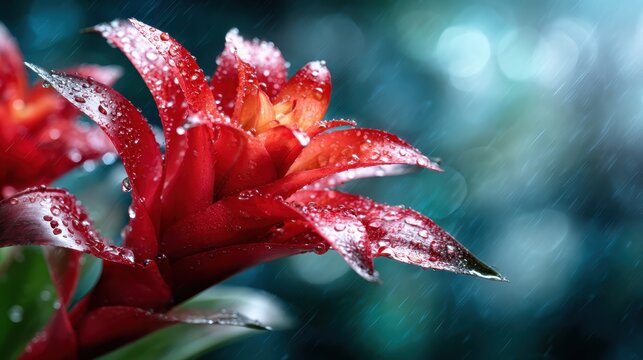 This stunning close-up features an elegant red flower adorned with glistening water droplets, highlighting its natural beauty and the serenity of a rainy tropical environment.