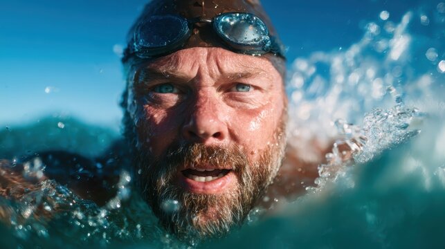 A close-up of a determined swimmer navigating through choppy ocean waters, showcasing intense emotion and the beauty of human endurance against nature's challenge.