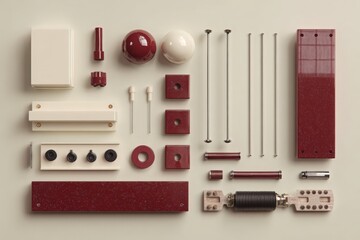 Modular antenna components disassembled on workbench, cream and deep red, flat lay technical realism 
