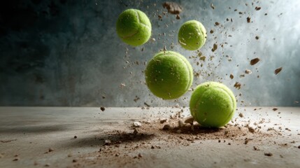 Dynamic image of multiple green tennis balls soaring through the air amidst a flurry of dirt, emphasizing the energy and excitement of sports and outdoor activities.
