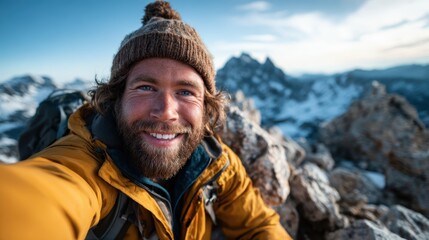 A portrait of a joyful mountain climber with a beard and smiling face, capturing the essence of adventure and the beauty of nature in a breathtaking mountainous landscape.