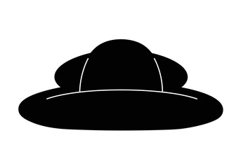 A black stylized hatlike shape features a round crown  wide brim with white lines delineating the components