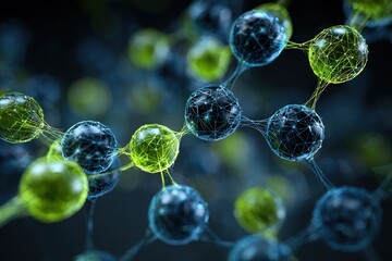 Molecular simulation on screen showing bond strength analysis, lime green and dark blue, data-science composition 