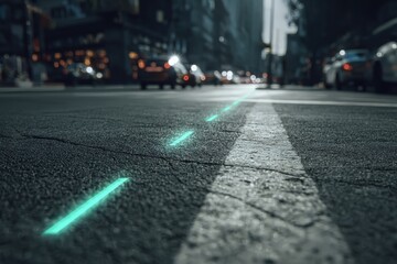 Nano sensors used in pollution detection on city street, asphalt gray and faded green, urban tech concept 