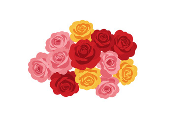 A cluster of pink yellow and red roses against a white background