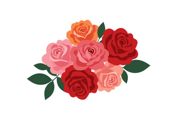 A cluster of seven stylized roses in various shades of pink orange and red interspersed with dark green leaves