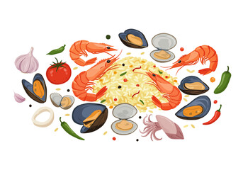 Naklejka premium A colorful array of paella elements shrimp mussels rice squid and vegetables