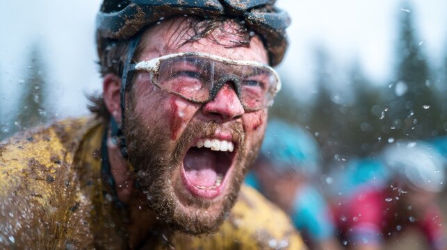 A passionate cyclist screams in determination while racing through muddy terrain, showcasing extreme sports enthusiasm and the challenges faced in competitive cycling events.