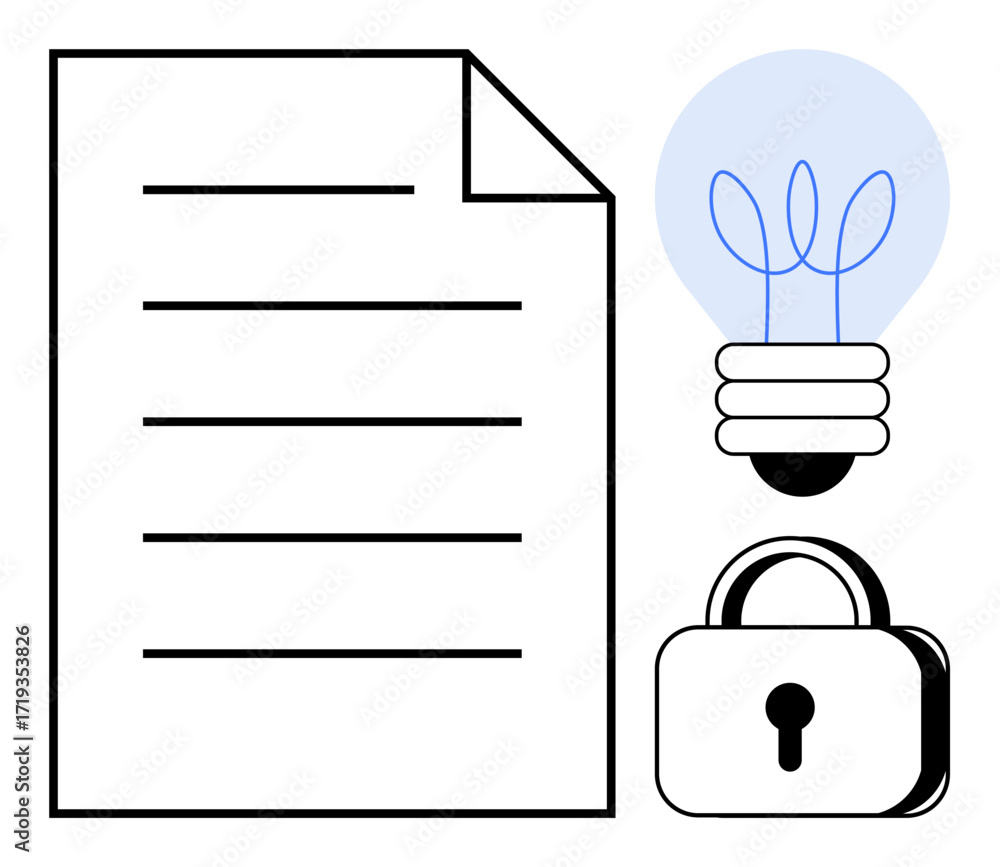 Poster document with text lines, light bulb for idea, and padlock for security. ideal for creativity, intel