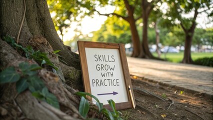 Inspirational sign about skills development in a serene environment