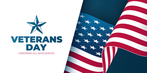 US Veterans Day festive banner. United States federal holiday background with waving American flag. Honoring all who served. Vector illustration.