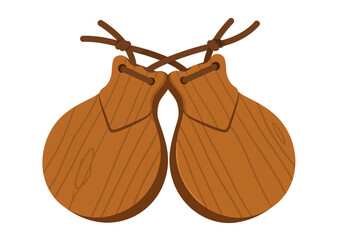 A pair of wooden castanets connected by leather straps for musical performance