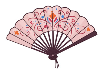 A pink folding hand fan with floral and spiral pattern details tied with a dark knot