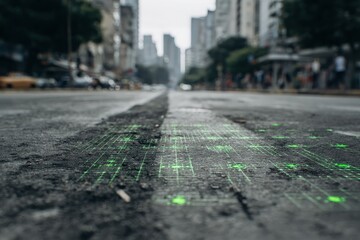 Nano sensors used in pollution detection on city street, asphalt gray and faded green, urban tech concept 