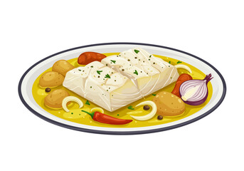 A plate displays codfish with potatoes onions sausage and hot pepper in a yellow sauce
