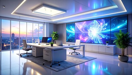 Whimsical office realm featuring enchanted quills scripting on vaporous screens, iridescent light streams illuminating sleek furniture, crisp