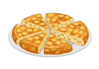 A sliced baked potato tortilla with crust is on a plate